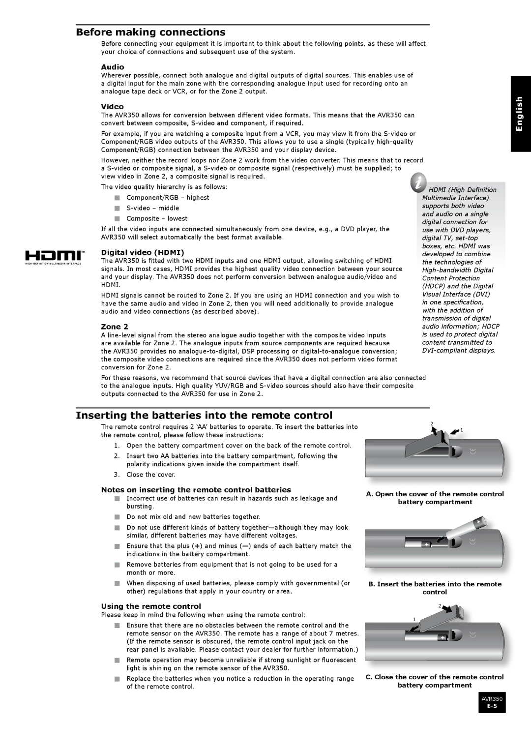 Arcam AVR350 manual Before making connections, Inserting the batteries into the remote control 