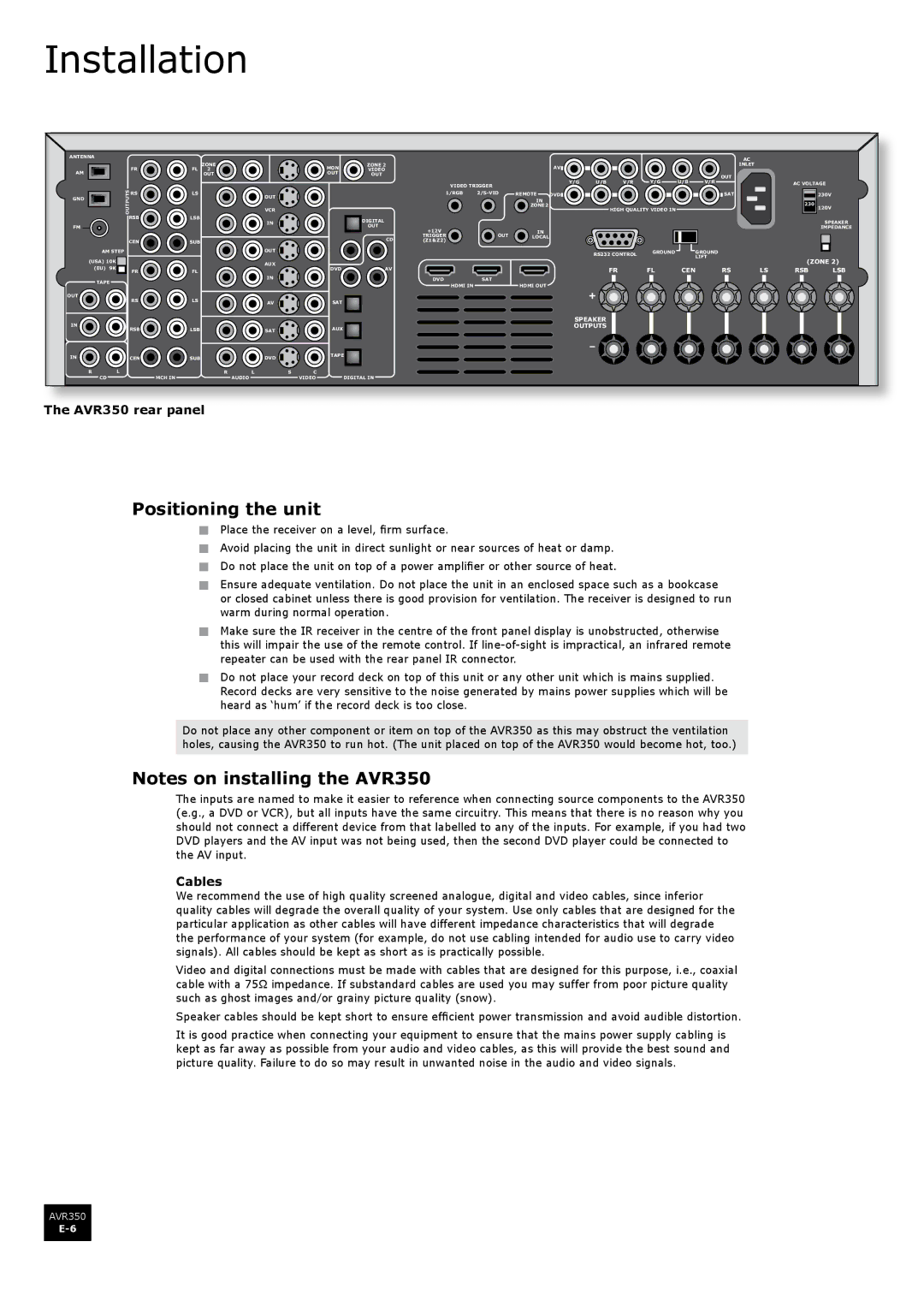 Arcam manual Installation, Positioning the unit, AVR350 rear panel, Cables 