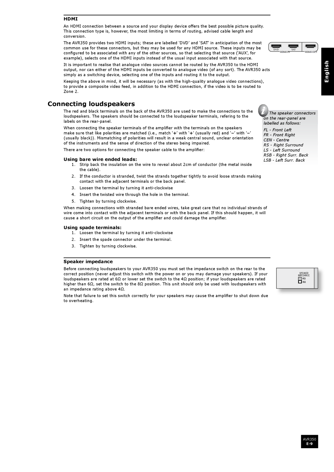 Arcam AVR350 manual Connecting loudspeakers, Using spade terminals, Speaker impedance 