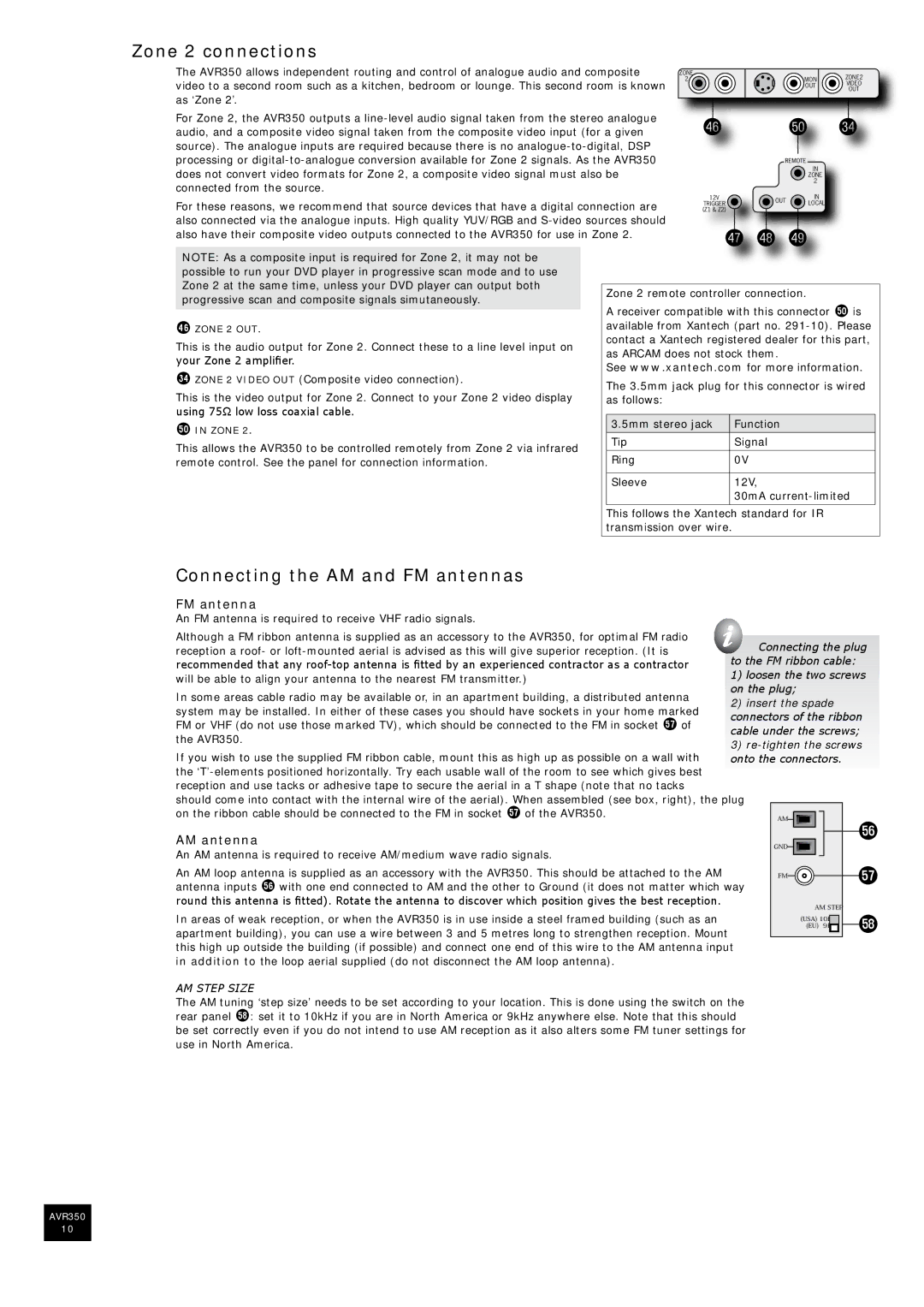 Arcam AVR350 manual Zone 2 connections, Connecting the AM and FM antennas, AM antenna 