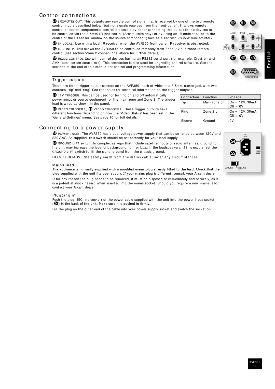 Arcam AVR350 manual Control connections, Connecting to a power supply, Trigger outputs, Mains lead, Plugging 