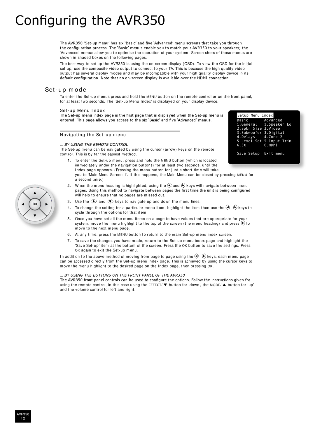 Arcam manual Configuring the AVR350, Set-up mode, Set-up Menu Index, Navigating the Set-up menu 