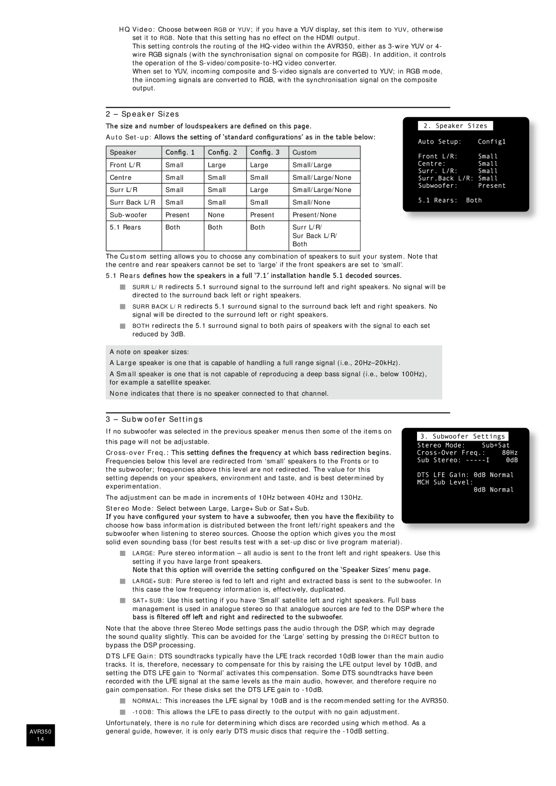 Arcam AVR350 manual Speaker Sizes, Subwoofer Settings, Bypass the DSP processing 