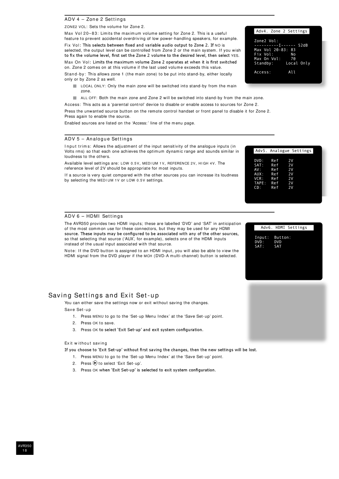 Arcam AVR350 manual Saving Settings and Exit Set-up, ADV 4 Zone 2 Settings, ADV 5 Analogue Settings, ADV 6 Hdmi Settings 