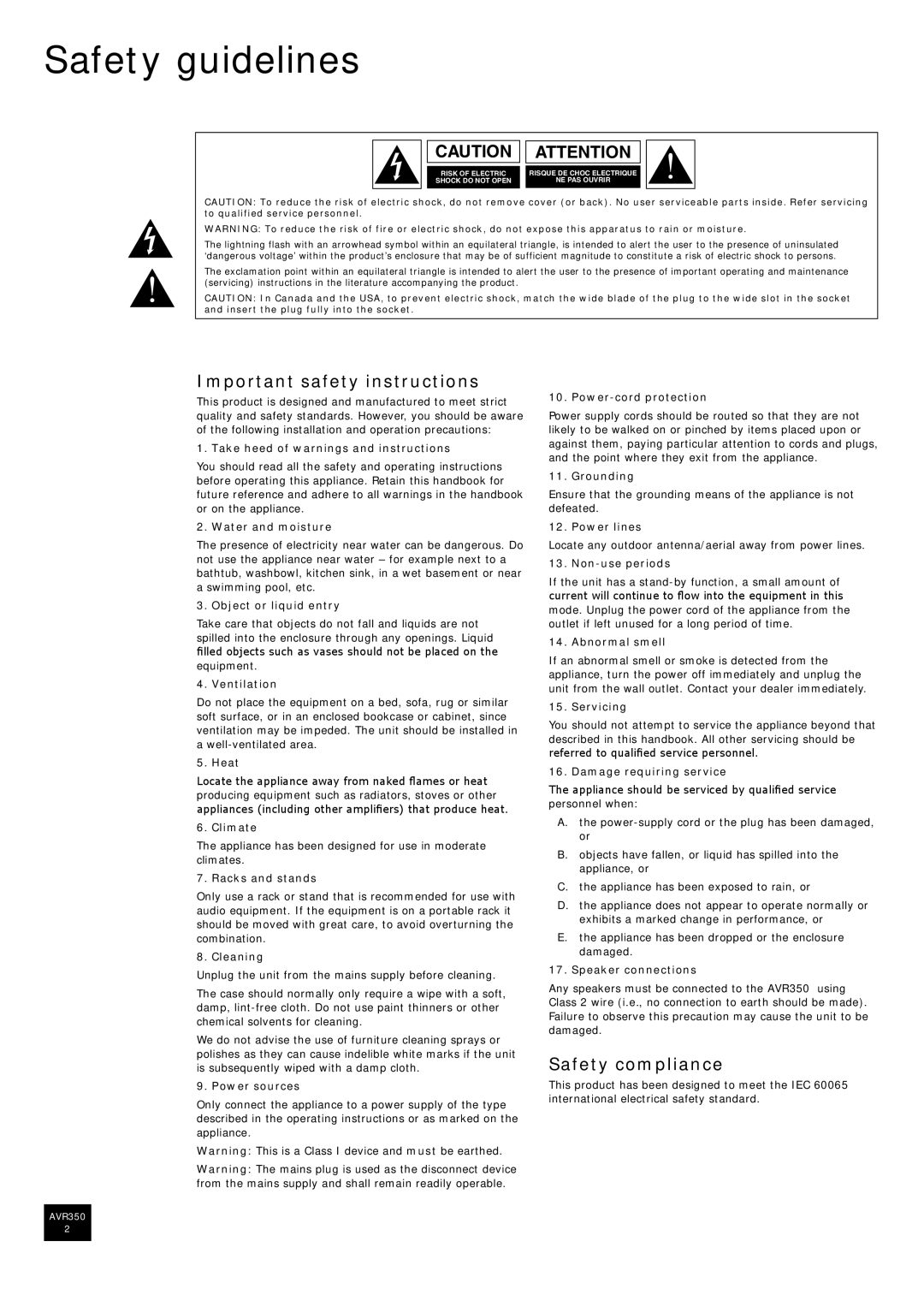 Arcam AVR350 manual Safety guidelines, Important safety instructions, Safety compliance 