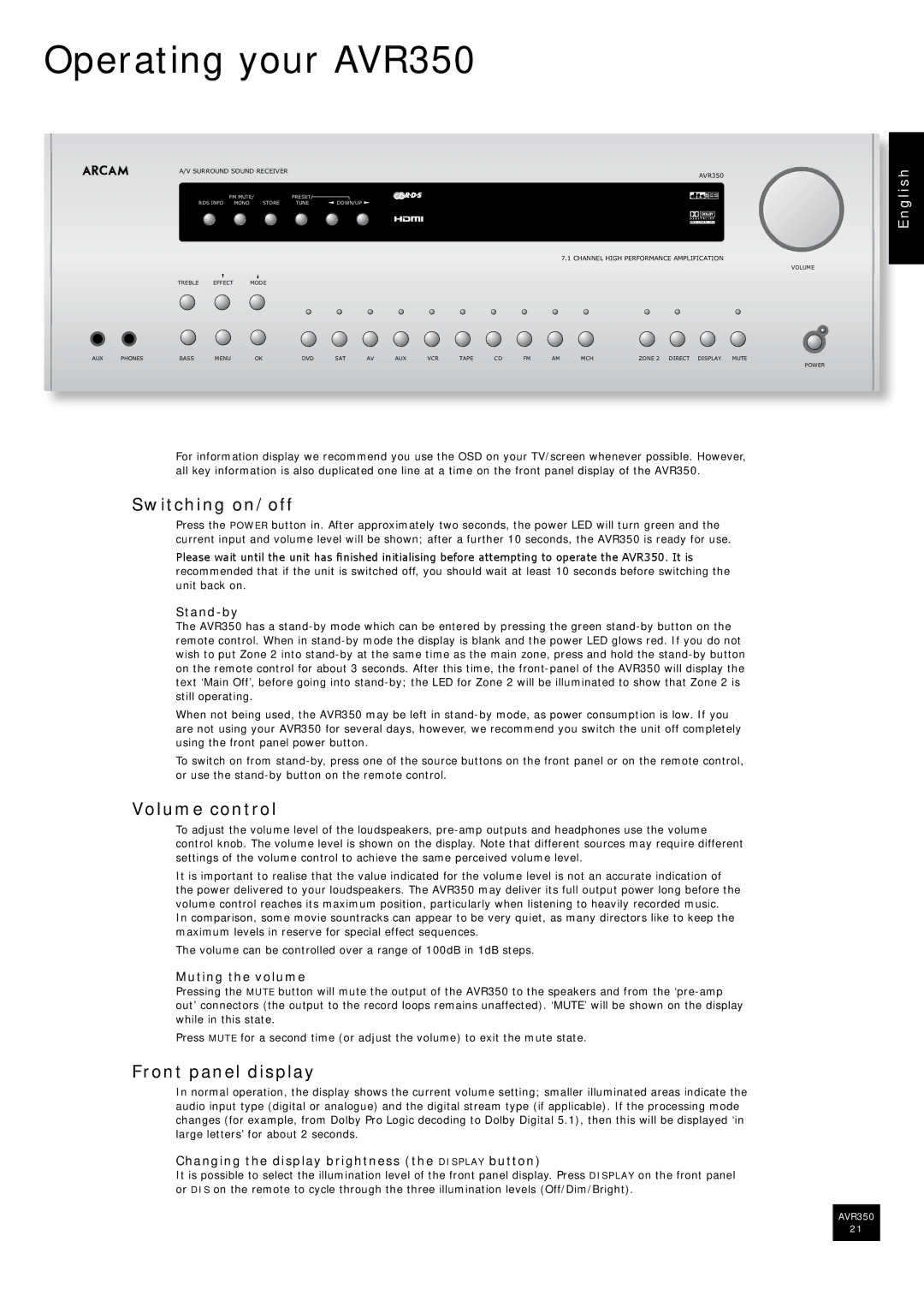 Arcam manual Operating your AVR350, Switching on/off, Volume control, Front panel display 