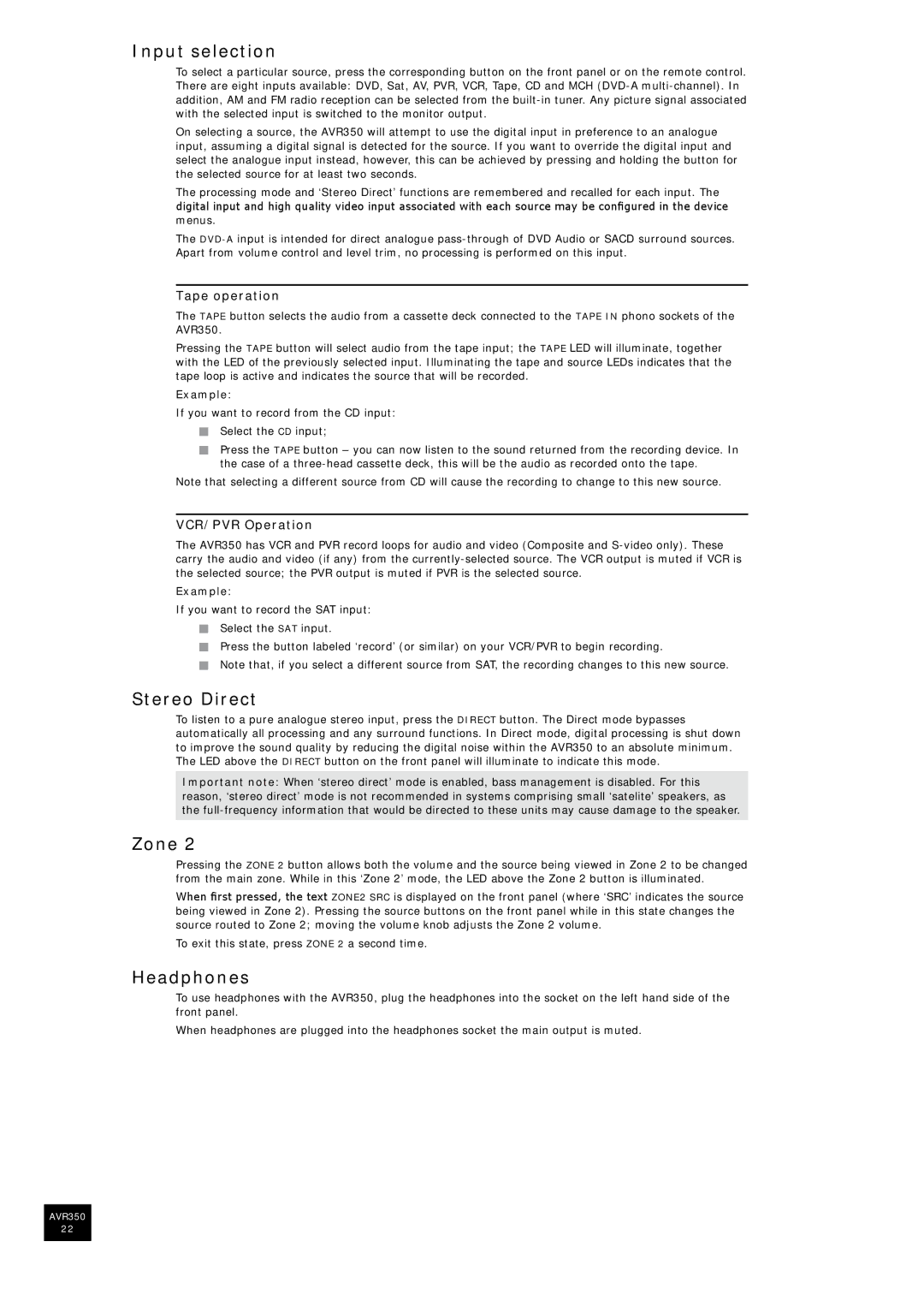 Arcam AVR350 manual Input selection, Stereo Direct, Zone, Headphones 