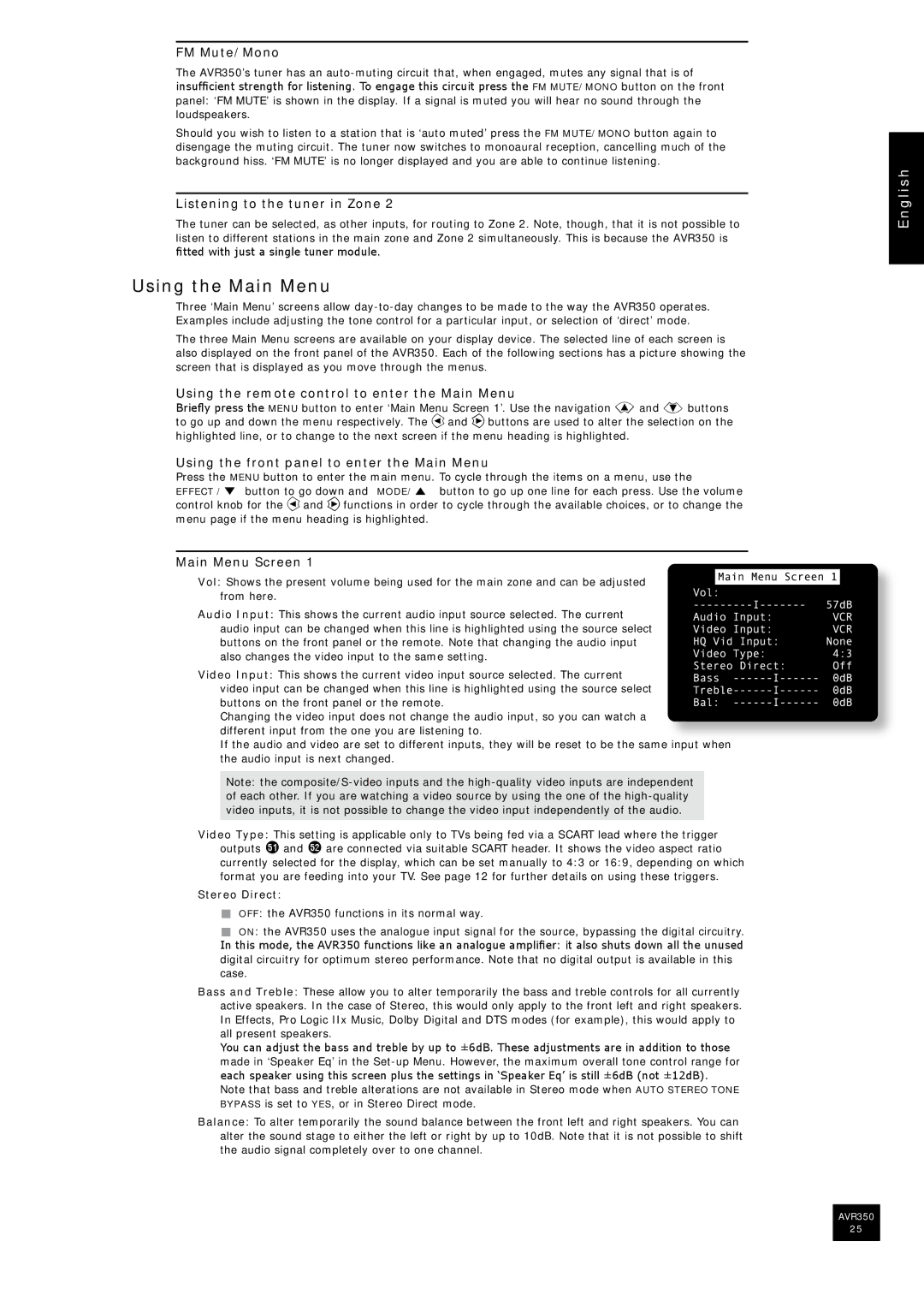 Arcam AVR350 manual Using the Main Menu 