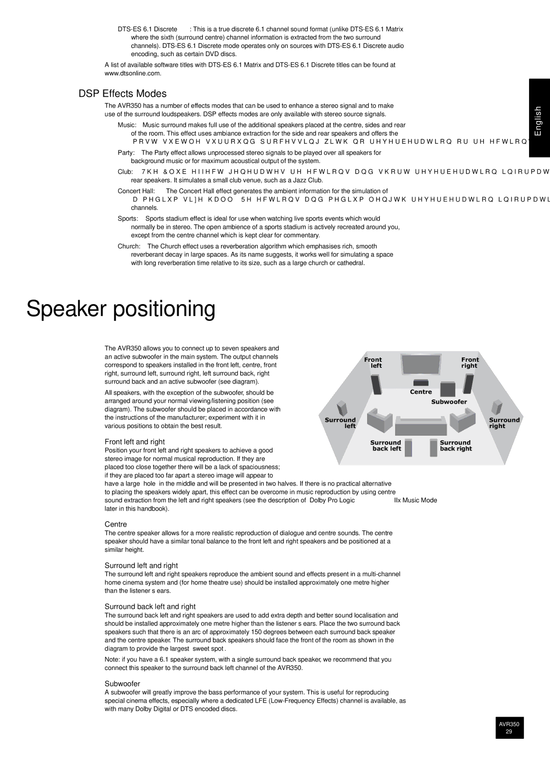 Arcam AVR350 manual Speaker positioning, DSP Effects Modes 