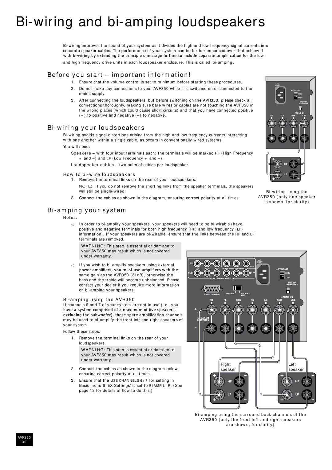 Arcam AVR350 Bi-wiring and bi-amping loudspeakers, Before you start important information, Bi-wiring your loudspeakers 