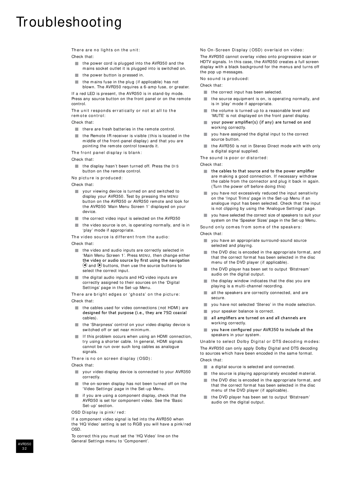 Arcam AVR350 manual Troubleshooting 