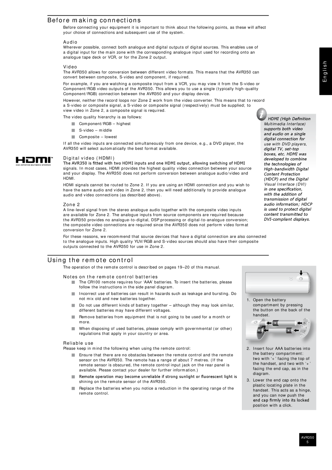 Arcam AVR350 manual Before making connections, Using the remote control 