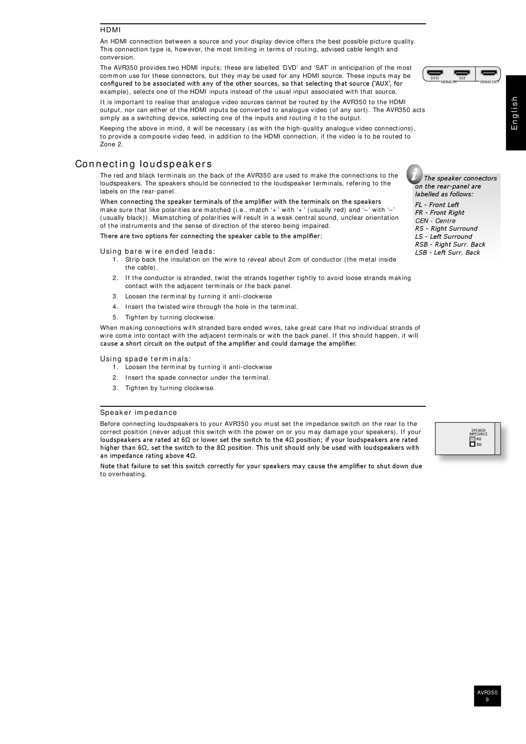 Arcam AVR350 manual Connecting loudspeakers, Using spade terminals, Speaker impedance 