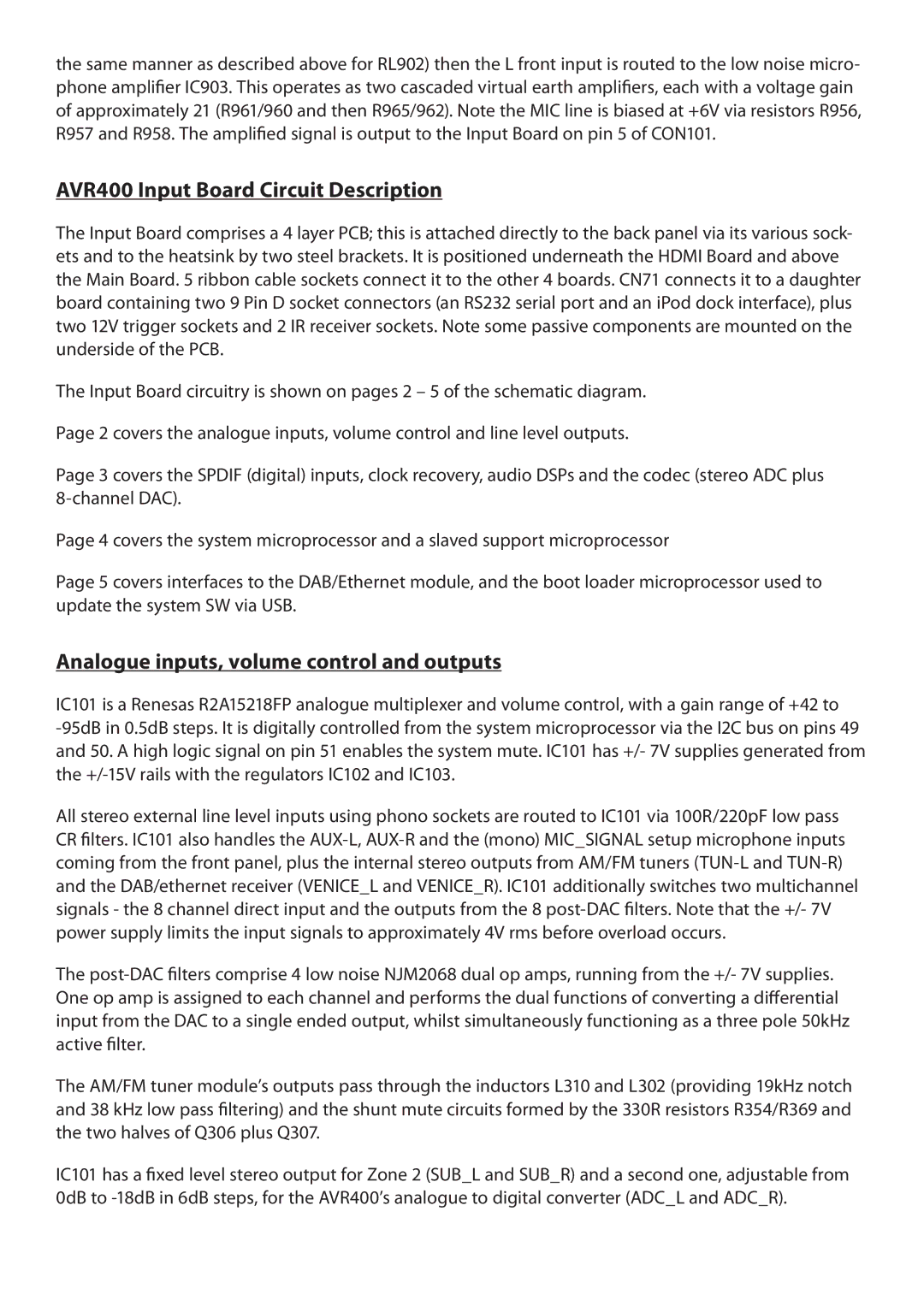 Arcam service manual AVR400 Input Board Circuit Description, Analogue inputs, volume control and outputs 