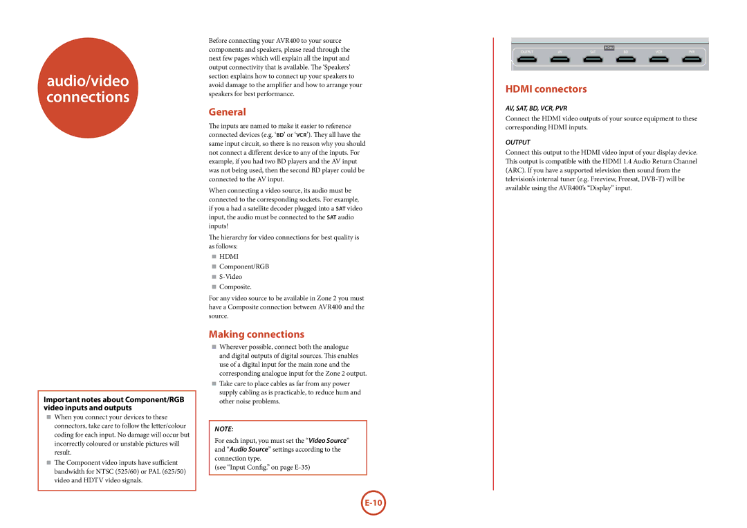 Arcam AVR400 manual General, Making connections, Hdmi connectors 