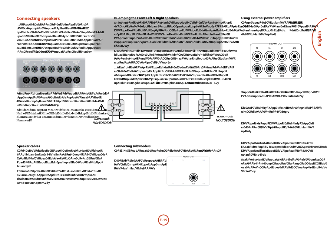 Arcam AVR400 manual Connecting speakers, Bi-Amping the Front Left & Right speakers, Using external power amplifiers 