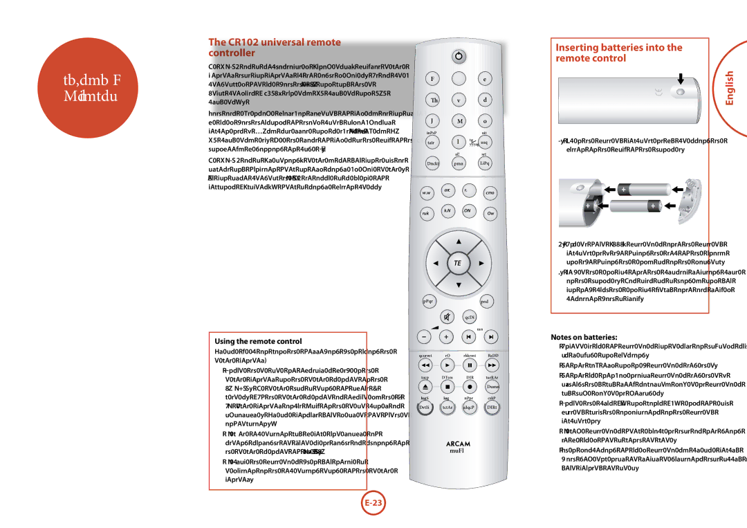 Arcam AVR400 CR102 universal remote controller, Inserting batteries into the remote control, Using the remote control 