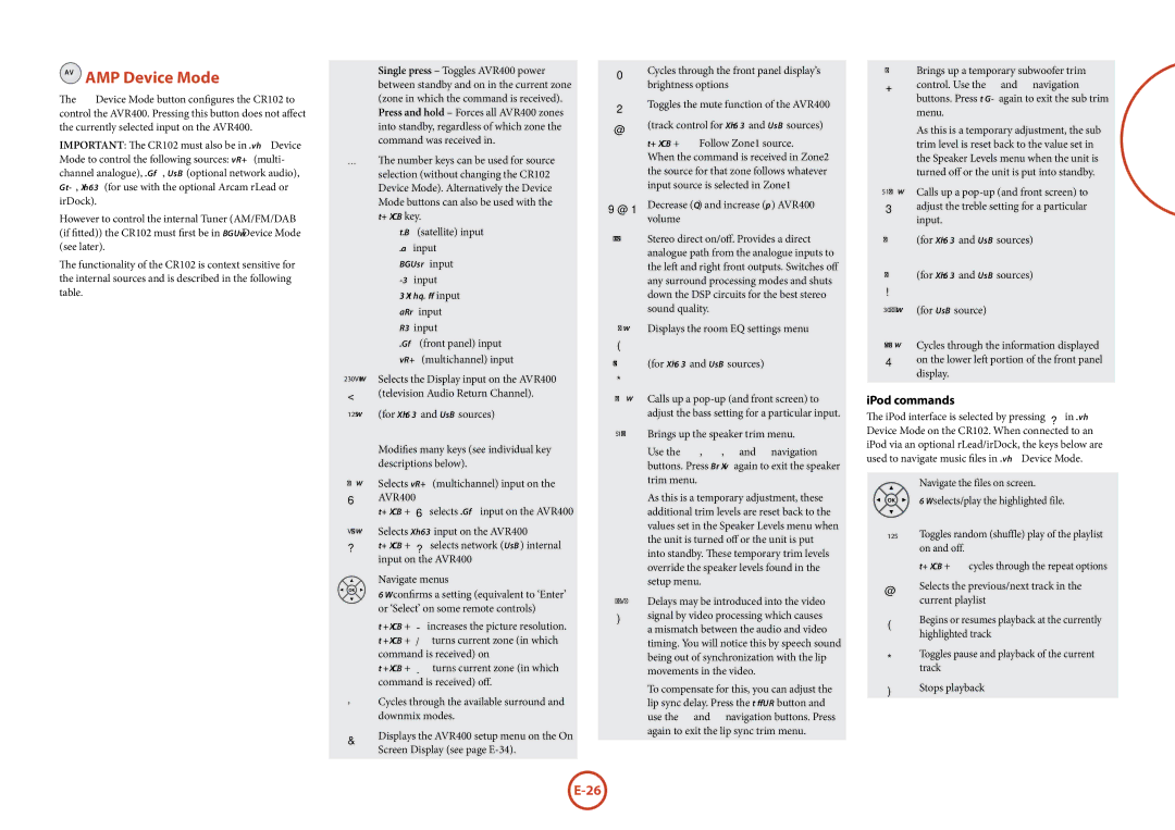 Arcam AVR400 manual AMP AMP Device Mode, IPod commands 