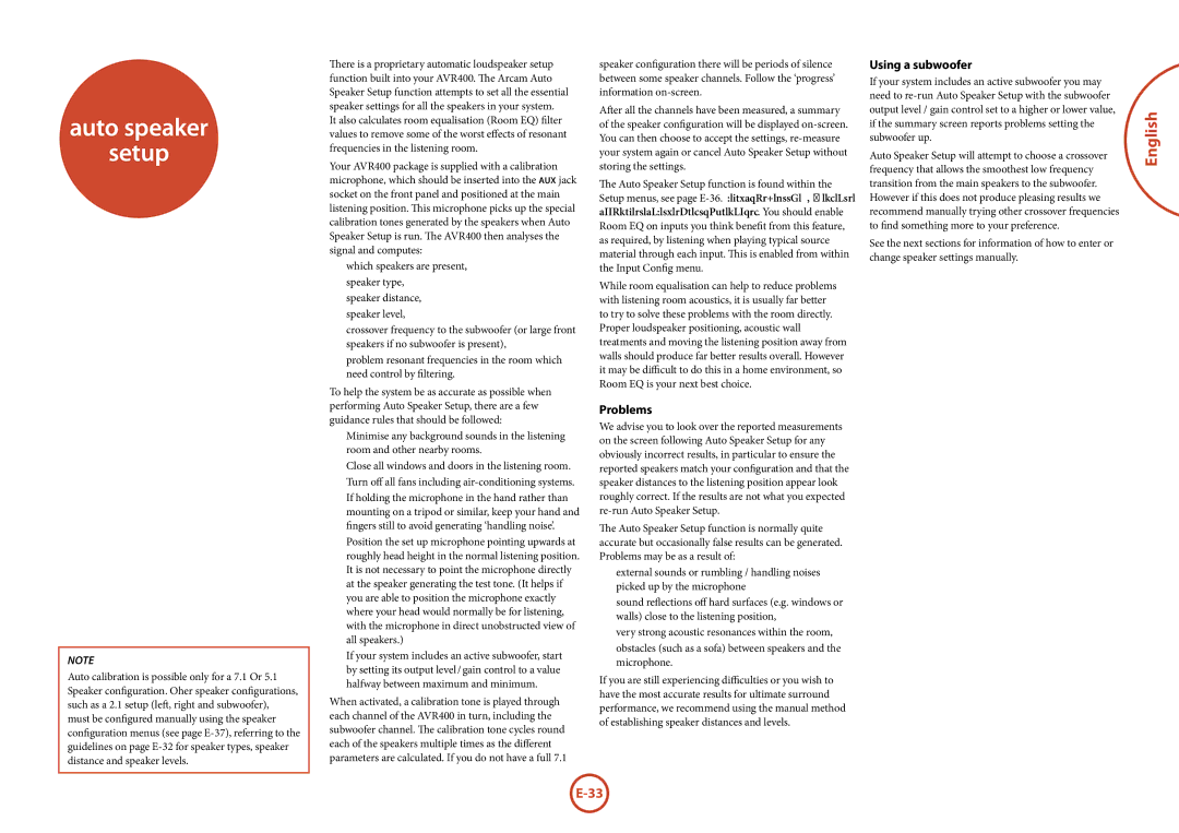 Arcam AVR400 manual Auto speaker Setup, Problems, Using a subwoofer 