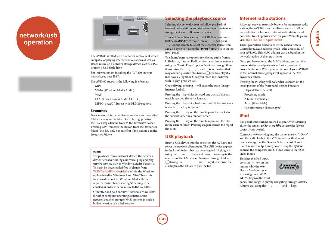 Arcam AVR400 manual Network/usb Operation, Selecting the playback source, USB playback, Internet radio stations, IPod 