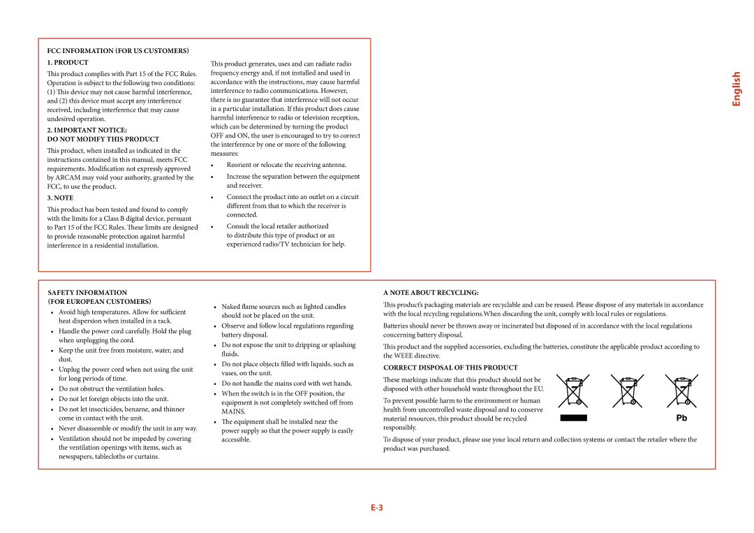 Arcam AVR400 manual English, FCC Information for US customers 1. Product, Important notice Do not modify this product 