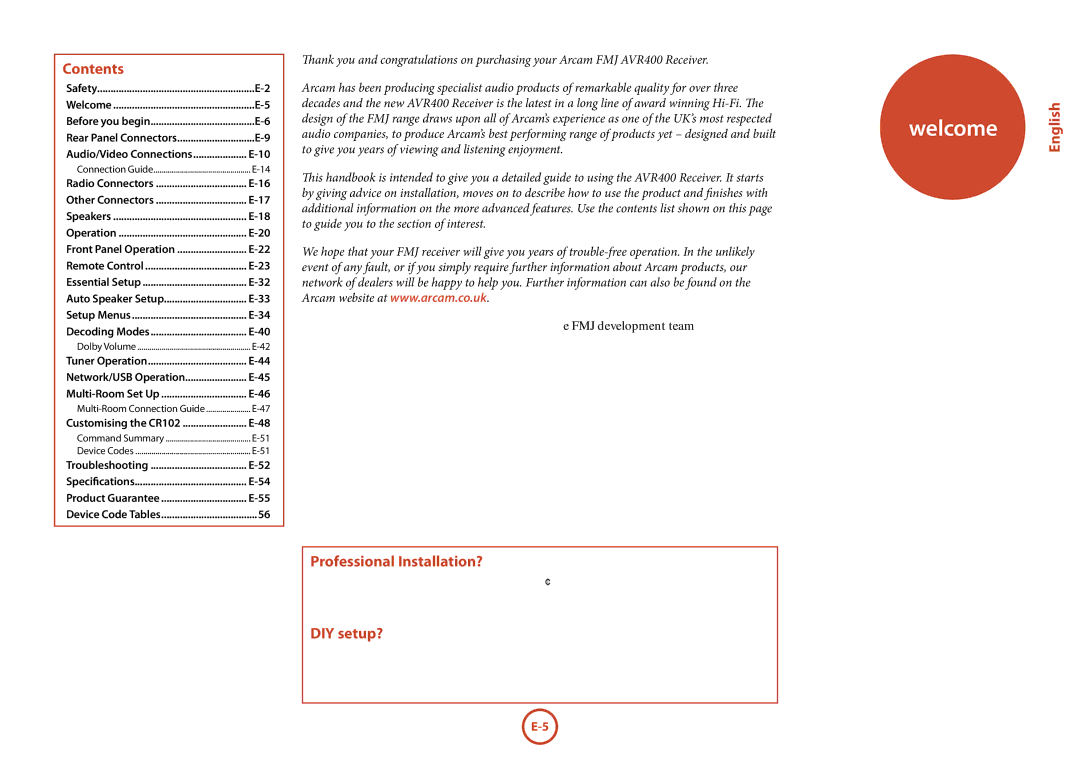 Arcam AVR400 manual Welcome, Contents, Professional Installation?, DIY setup? 