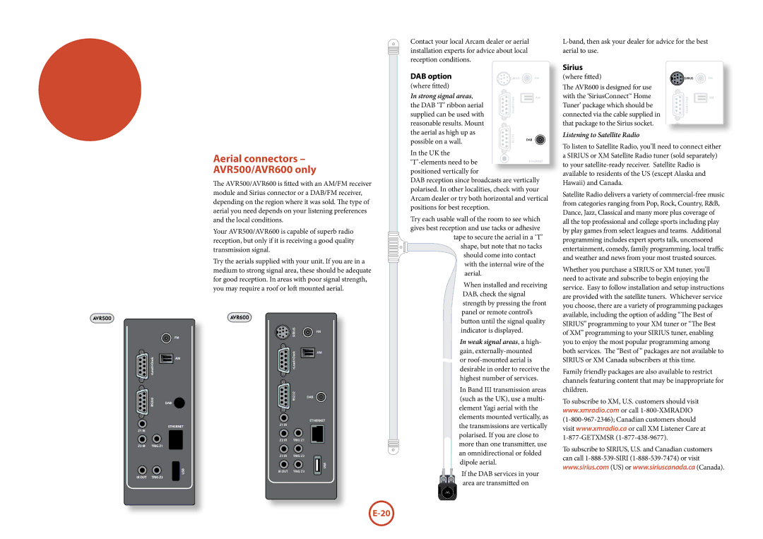 Arcam AVR500	/	AVR600	/	AV888 manual Radio Connectors, Aerial connectors AVR500/AVR600 only, Sirius, DAB option 