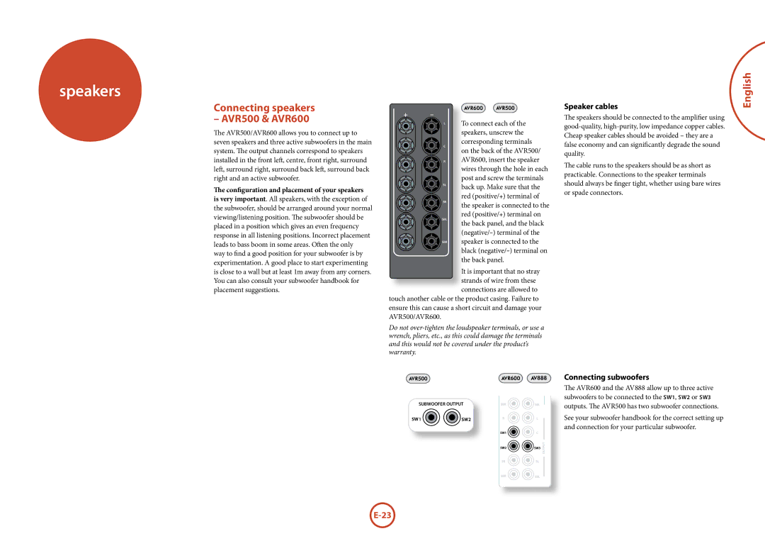 Arcam AVR500	/	AVR600	/	AV888 manual Speakers, Connecting speakers AVR500 & AVR600, Speaker cables, Connecting subwoofers 