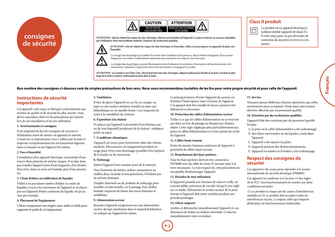 Arcam AVR500	/	AVR600	/	AV888 Class II produit, Instructions de sécurité importantes, Respect des consignes de sécurité 