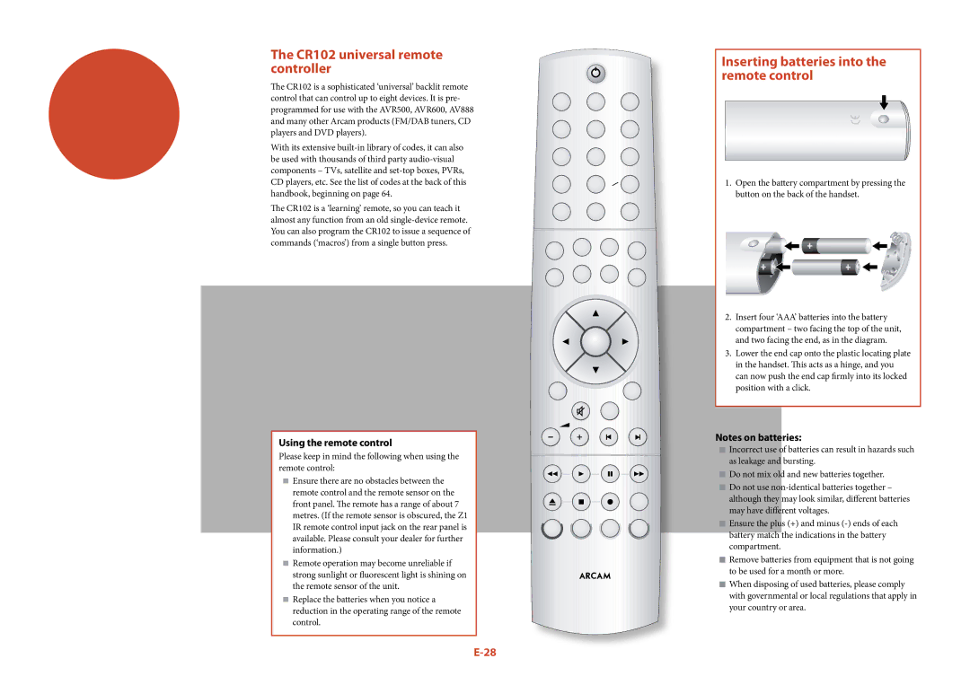 Arcam AVR500	/	AVR600	/	AV888 manual CR102 universal remote controller, Inserting batteries into the remote control 