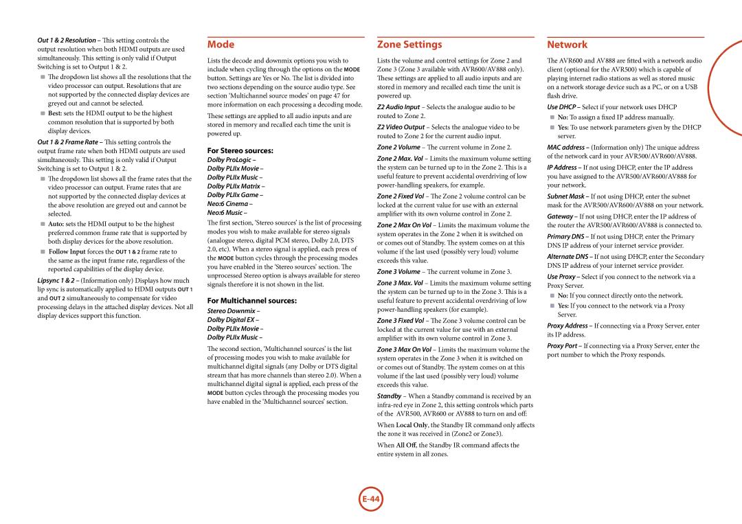 Arcam AVR500	/	AVR600	/	AV888 manual Mode, Zone Settings, Network, For Stereo sources, For Multichannel sources 