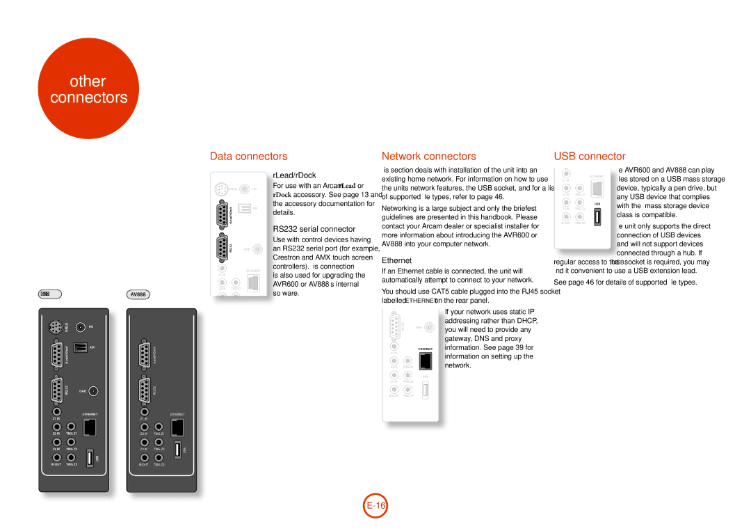 Arcam AVR600 manual Other Connectors, Data connectors Network connectors USB connector, RLead/rDock, RS232 serial connector 