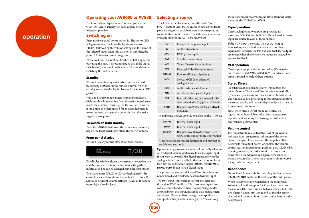 Arcam manual Operation, Operating your AVR600 or AV888, Switching on, Selecting a source 