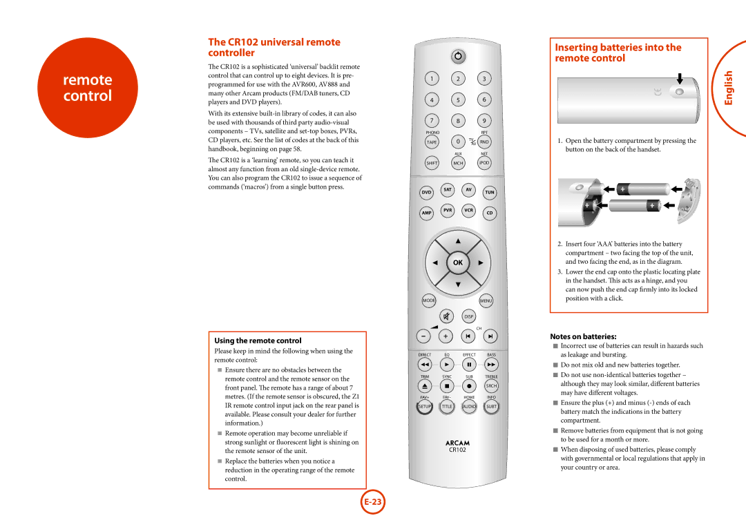 Arcam AV888 manual CR102 universal remote controller, Inserting batteries into the remote control, Using the remote control 