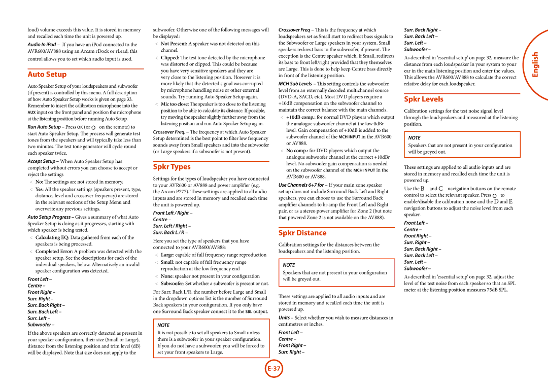 Arcam AV888, AVR600 manual Auto Setup, Spkr Types, Spkr Distance, Spkr Levels 