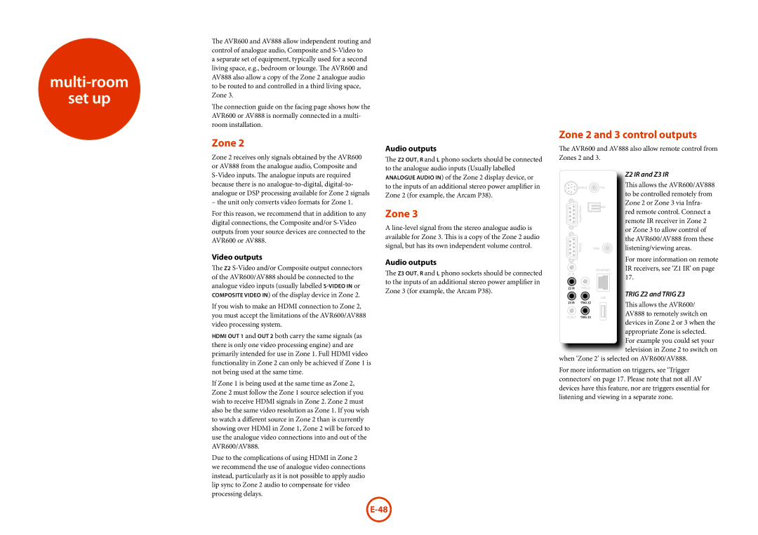 Arcam AVR600, AV888 manual Multi-room Set up, Zone 2 and 3 control outputs, Audio outputs, Video outputs 