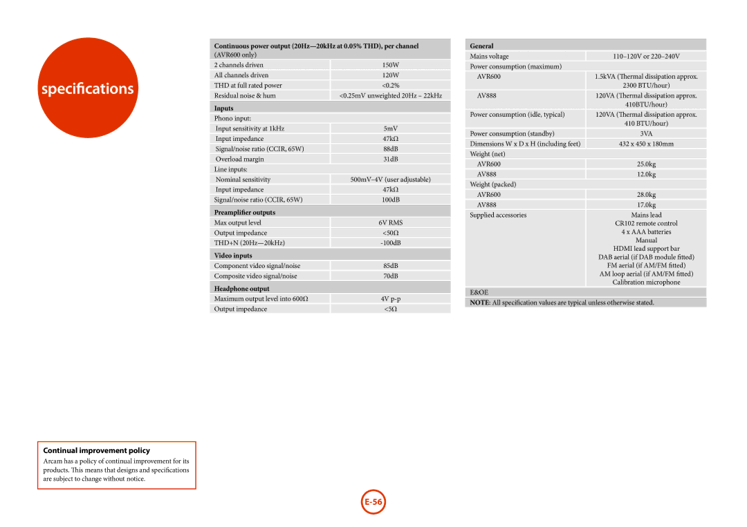 Arcam AVR600, AV888 manual Specifications, Continual improvement policy 