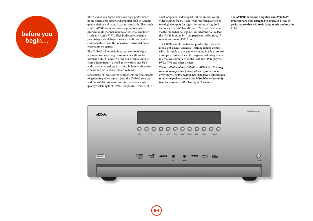 Arcam AVR600, AV888 manual Before you Begin… 