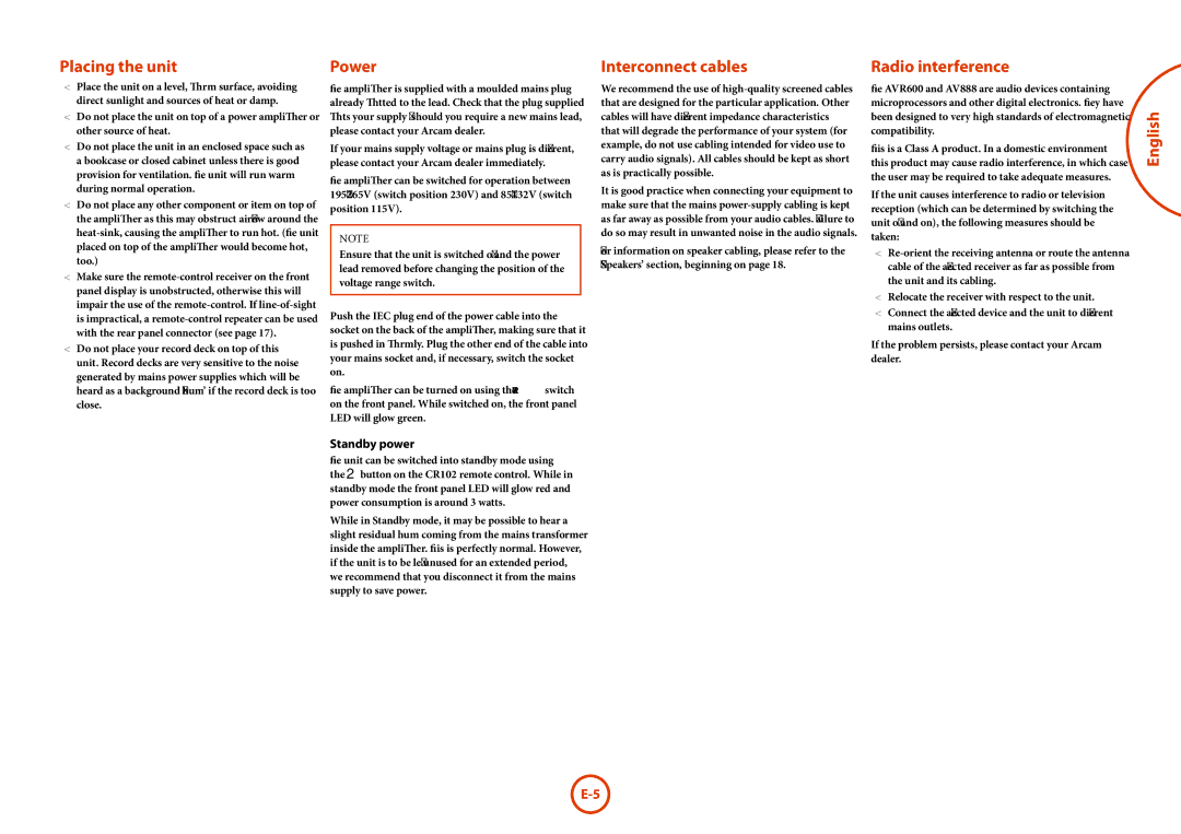 Arcam AV888, AVR600 manual Placing the unit, Power, Interconnect cables, Radio interference, Standby power 