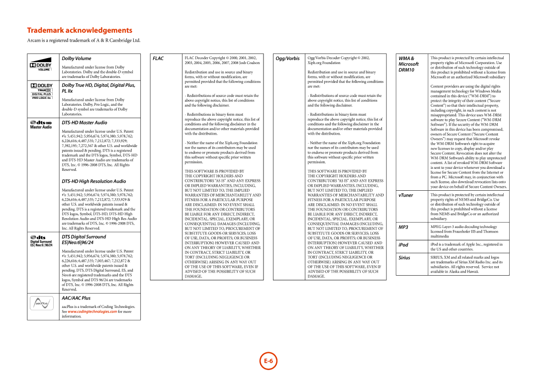 Arcam AVR600, AV888 manual Trademark acknowledgements 