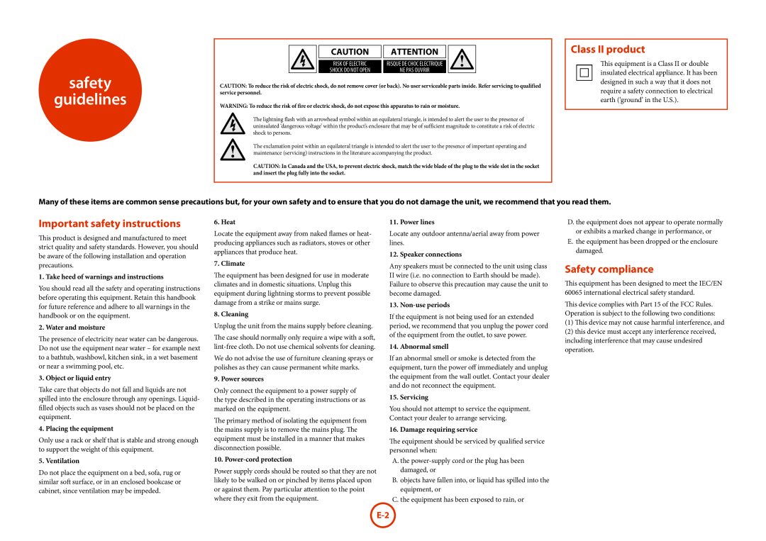 Arcam AVR600 safety guidelines, Class II product, Important safety instructions, Safety compliance, Water and moisture 
