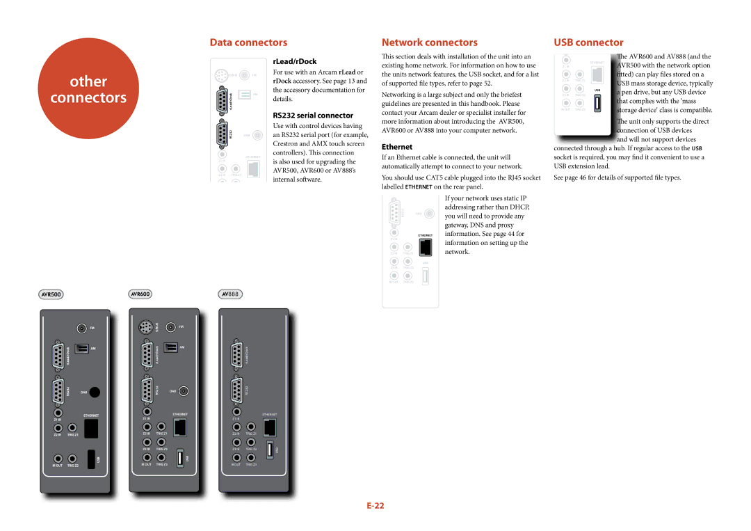 Arcam AVR600 manual Other Connectors, Data connectors Network connectors USB connector, RLead/rDock, RS232 serial connector 