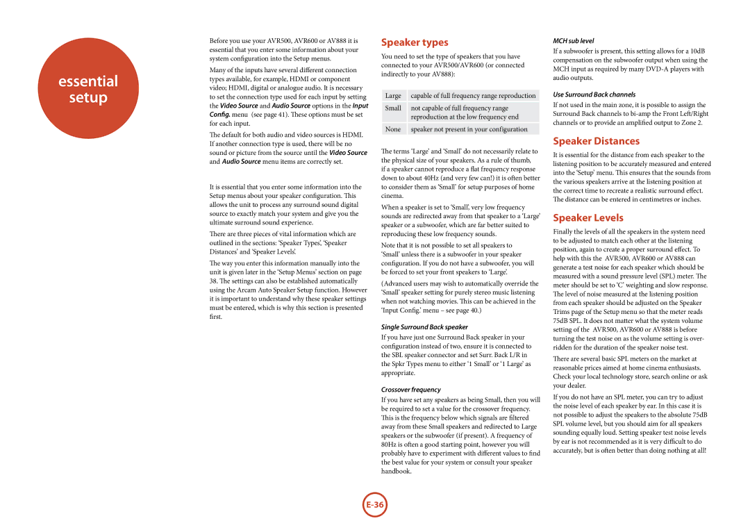 Arcam AV888, AVR600, AVR500 manual Essential Setup, Speaker types, Speaker Distances, Speaker Levels 