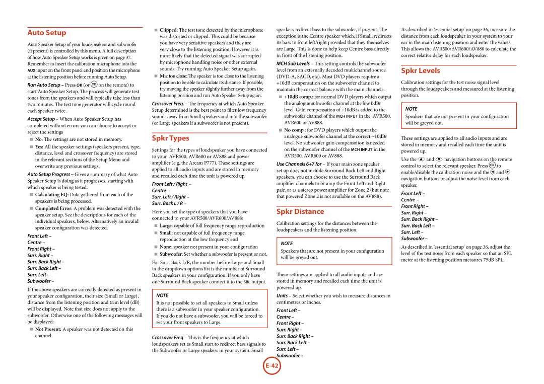 Arcam AV888, AVR600, AVR500 manual Auto Setup, Spkr Types, Spkr Distance, Spkr Levels 