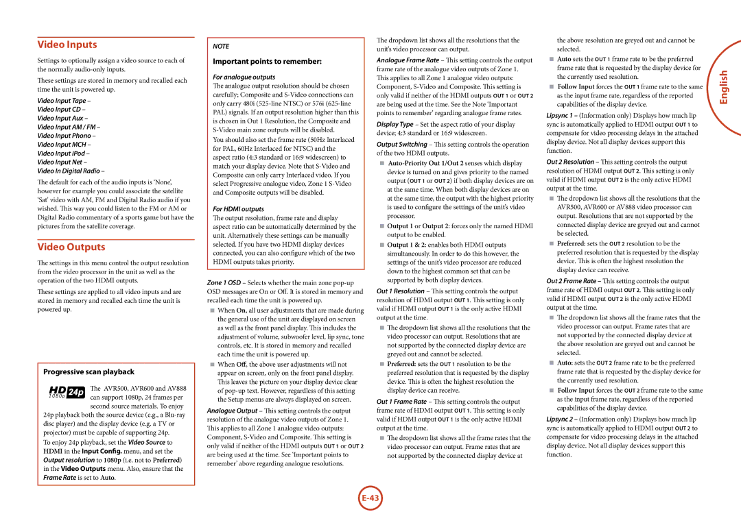 Arcam AVR600, AVR500, AV888 manual Video Inputs, Video Outputs, Progressive scan playback, Important points to remember 