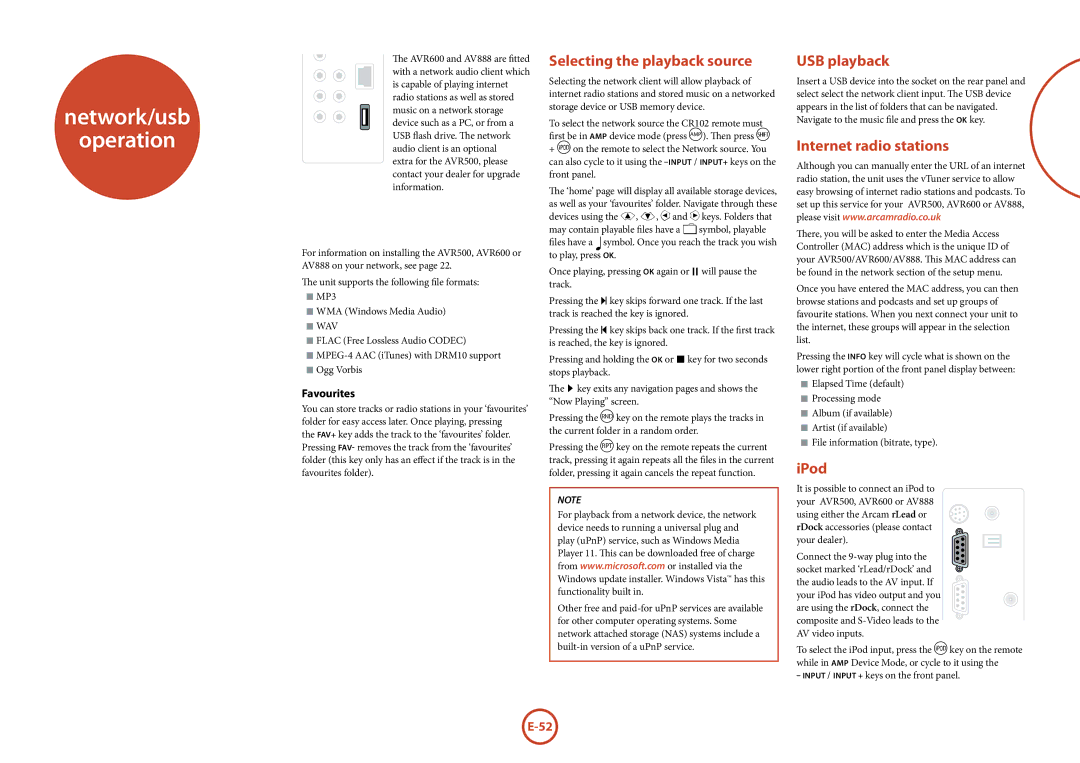 Arcam AVR600, AVR500 Network/usb Operation, Selecting the playback source, USB playback, Internet radio stations, IPod 