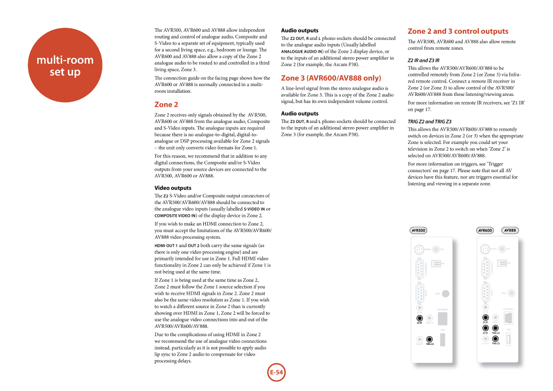 Arcam AVR500 manual Multi-room Set up, Zone 3 AVR600/AV888 only, Zone 2 and 3 control outputs 