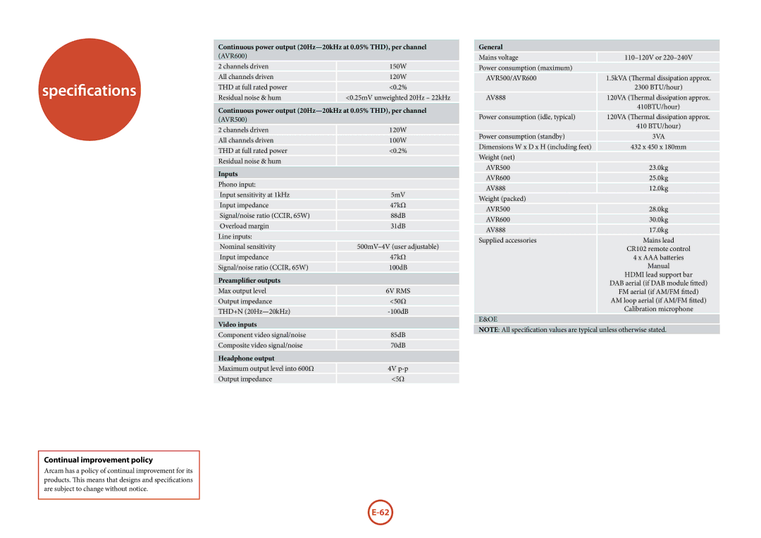 Arcam AVR500, AVR600, AV888 manual Specifications, Continual improvement policy 