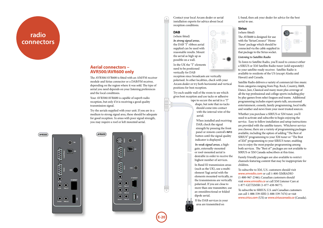 Arcam AV888 manual Radio Connectors, Aerial connectors AVR500/AVR600 only, Sirius 