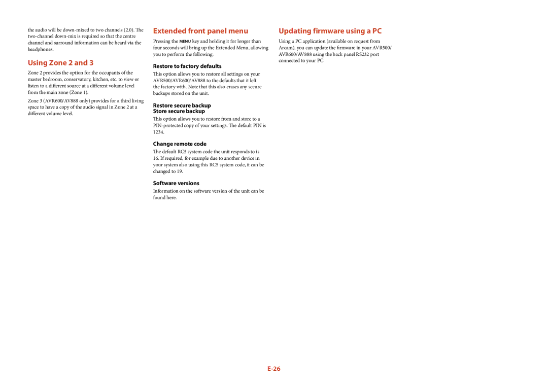 Arcam AVR500, AVR600, AV888 manual Using Zone 2, Extended front panel menu, Updating firmware using a PC 